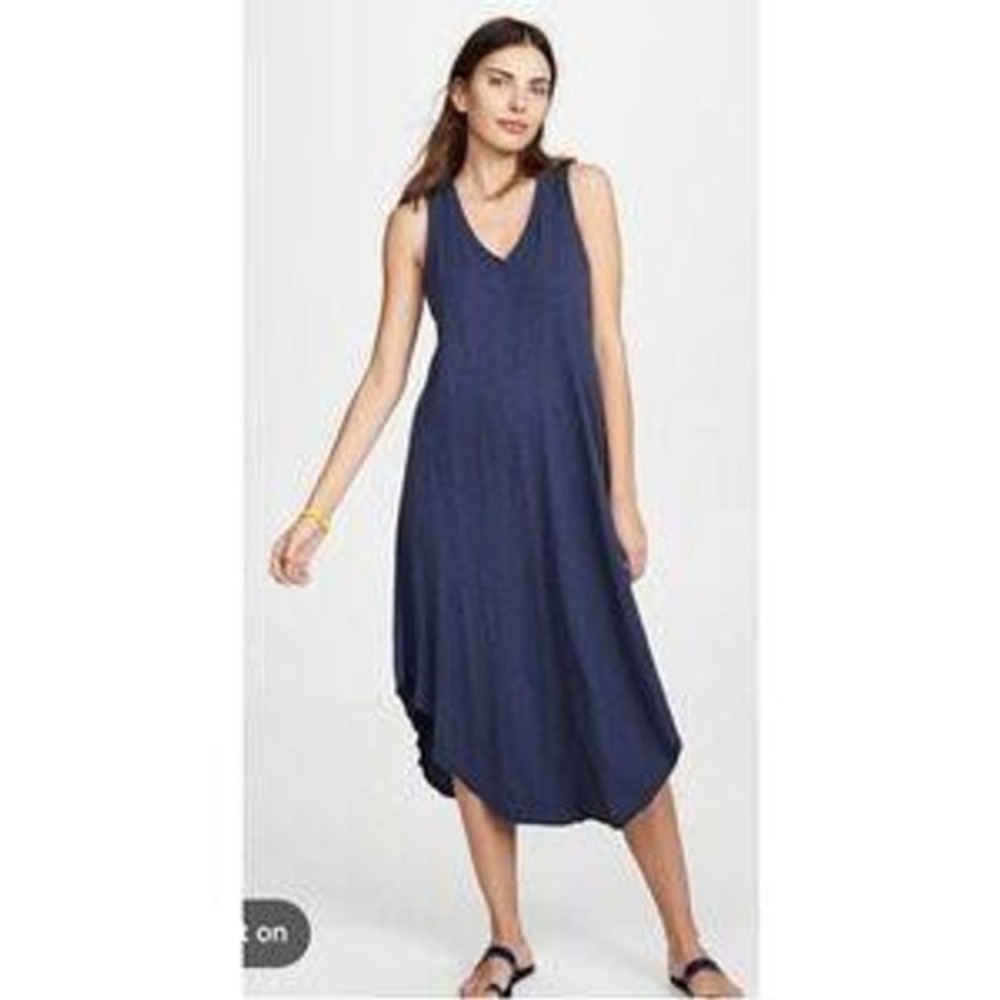 Z Supply Midi Dress Women Medium Navy Blue Cotton Slub V-Neck High Low ZD182359